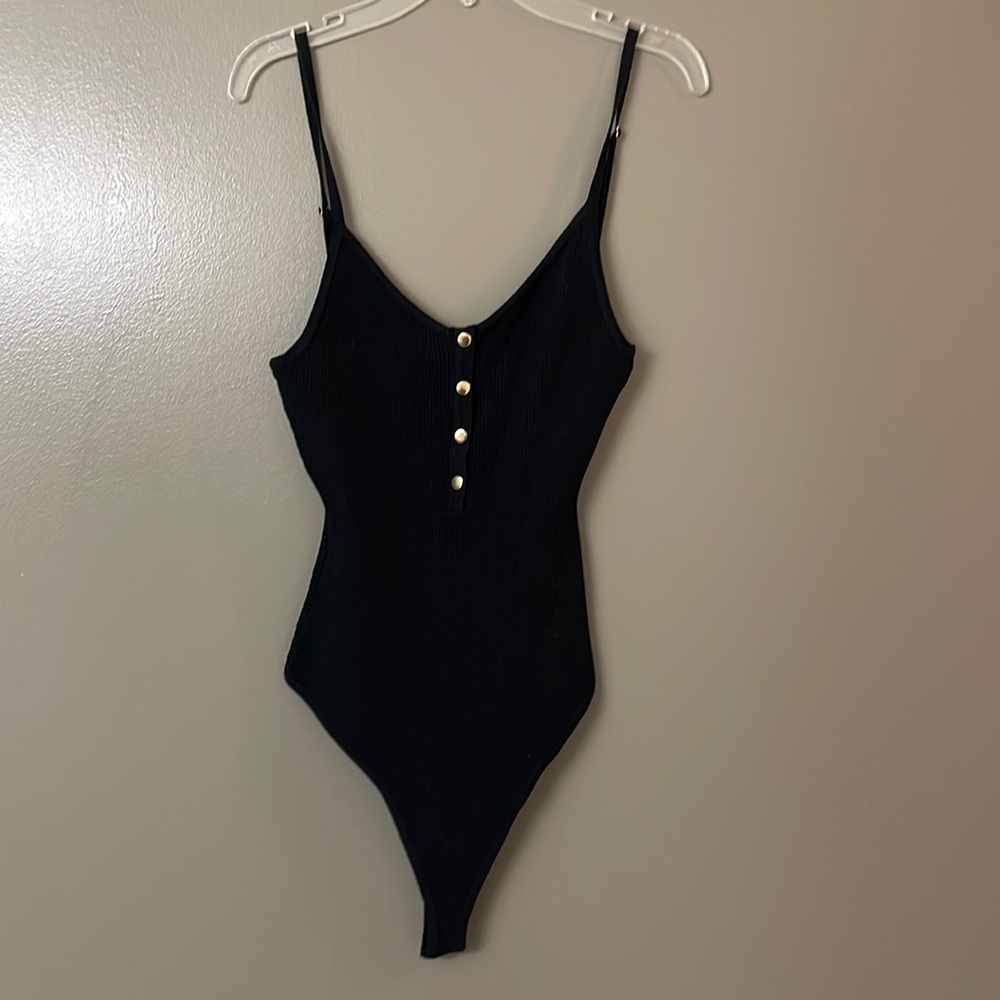 NWT LTX Black Bodysuit with Gold Buttons